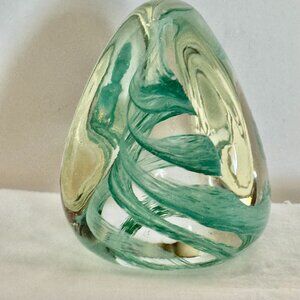 Pyramid Shape Paperweight Green Swirl Decor Clear Triangular Art Glass